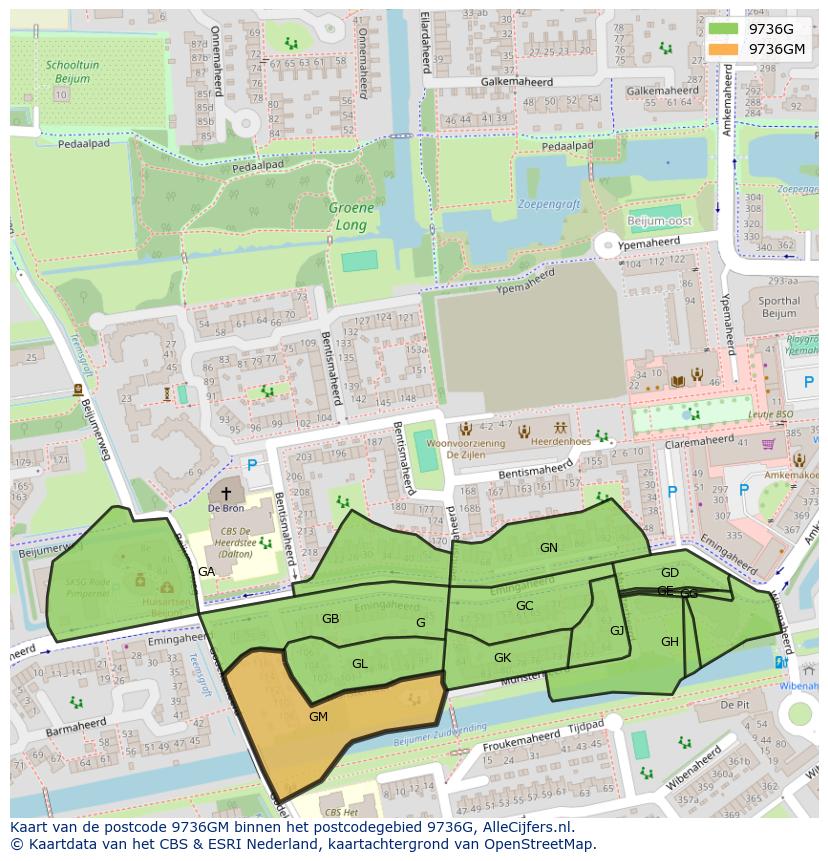 Afbeelding van het postcodegebied 9736 GM op de kaart.