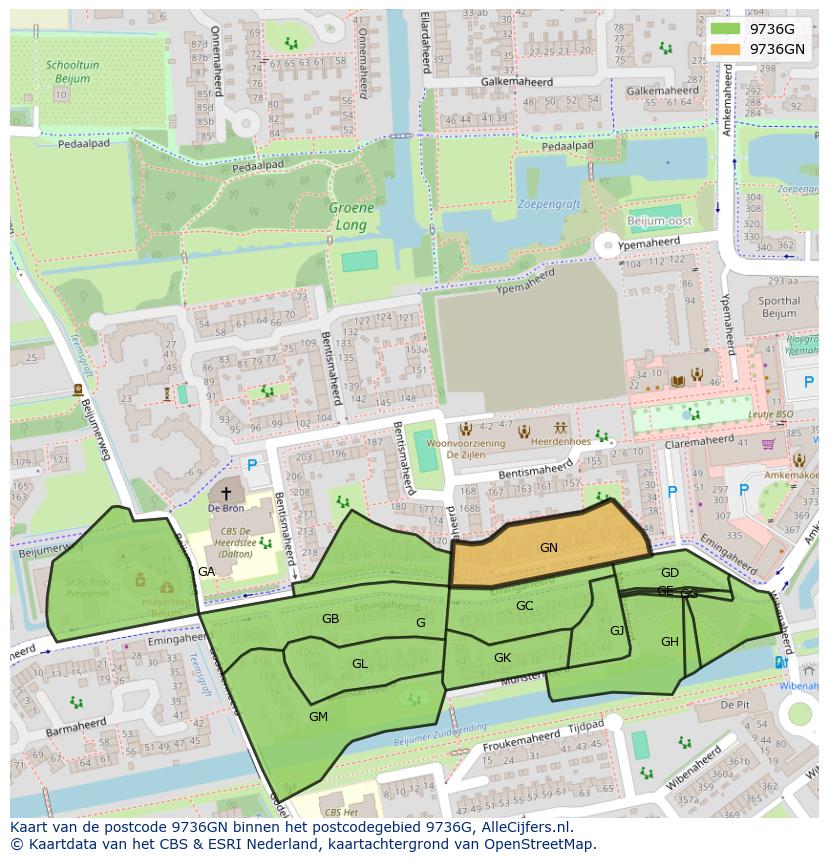 Afbeelding van het postcodegebied 9736 GN op de kaart.