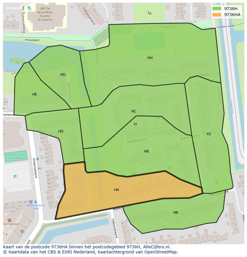 Afbeelding van het postcodegebied 9736 HA op de kaart.