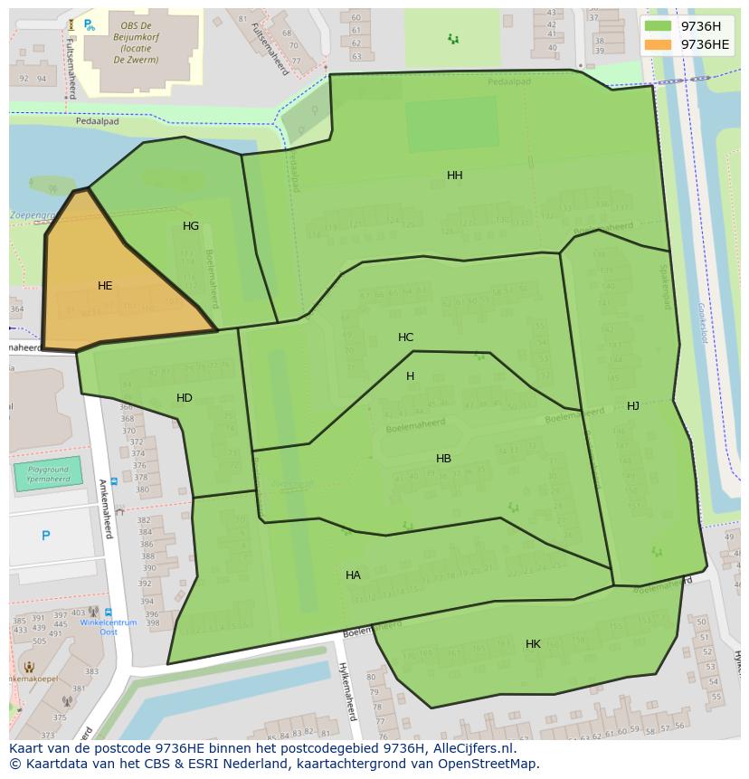Afbeelding van het postcodegebied 9736 HE op de kaart.