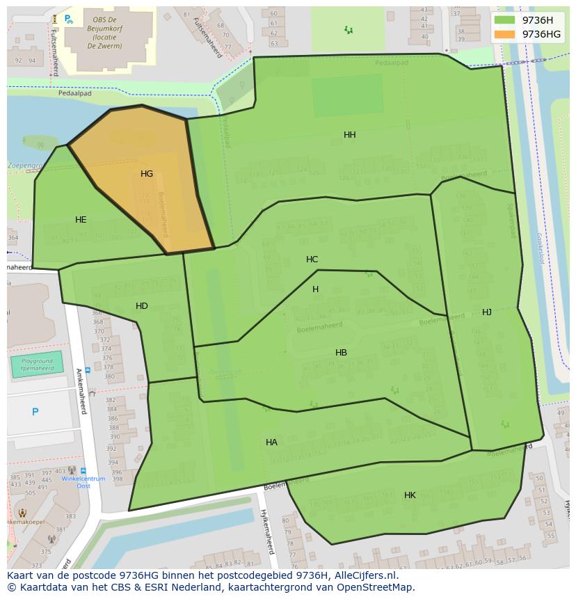 Afbeelding van het postcodegebied 9736 HG op de kaart.