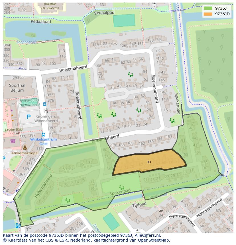 Afbeelding van het postcodegebied 9736 JD op de kaart.