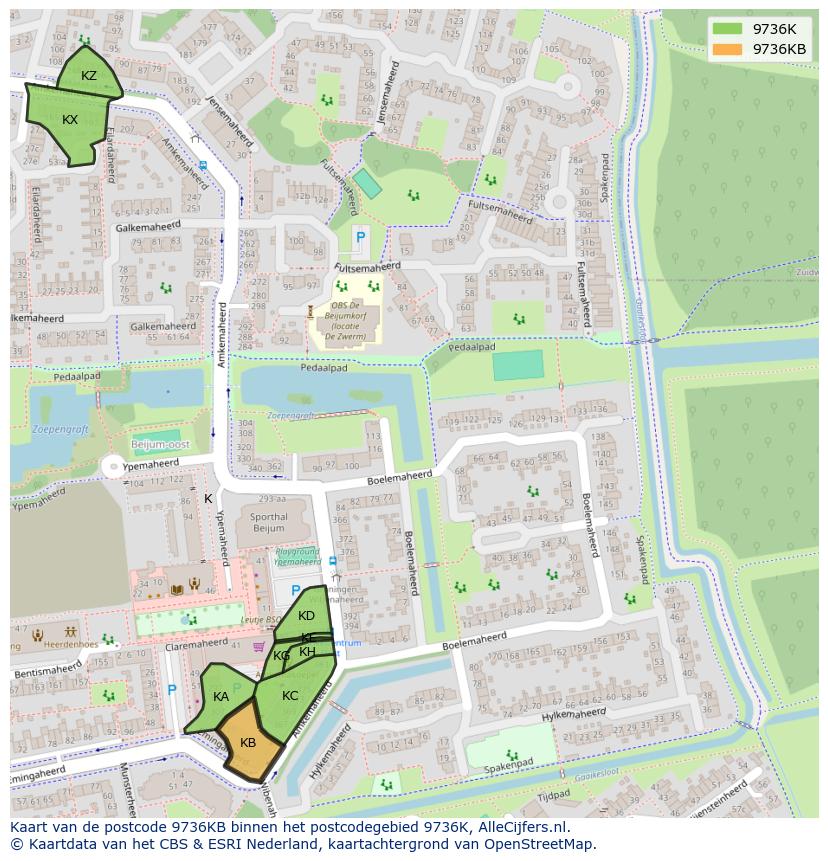 Afbeelding van het postcodegebied 9736 KB op de kaart.