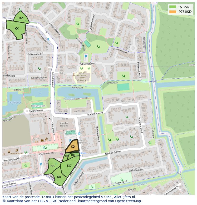 Afbeelding van het postcodegebied 9736 KD op de kaart.