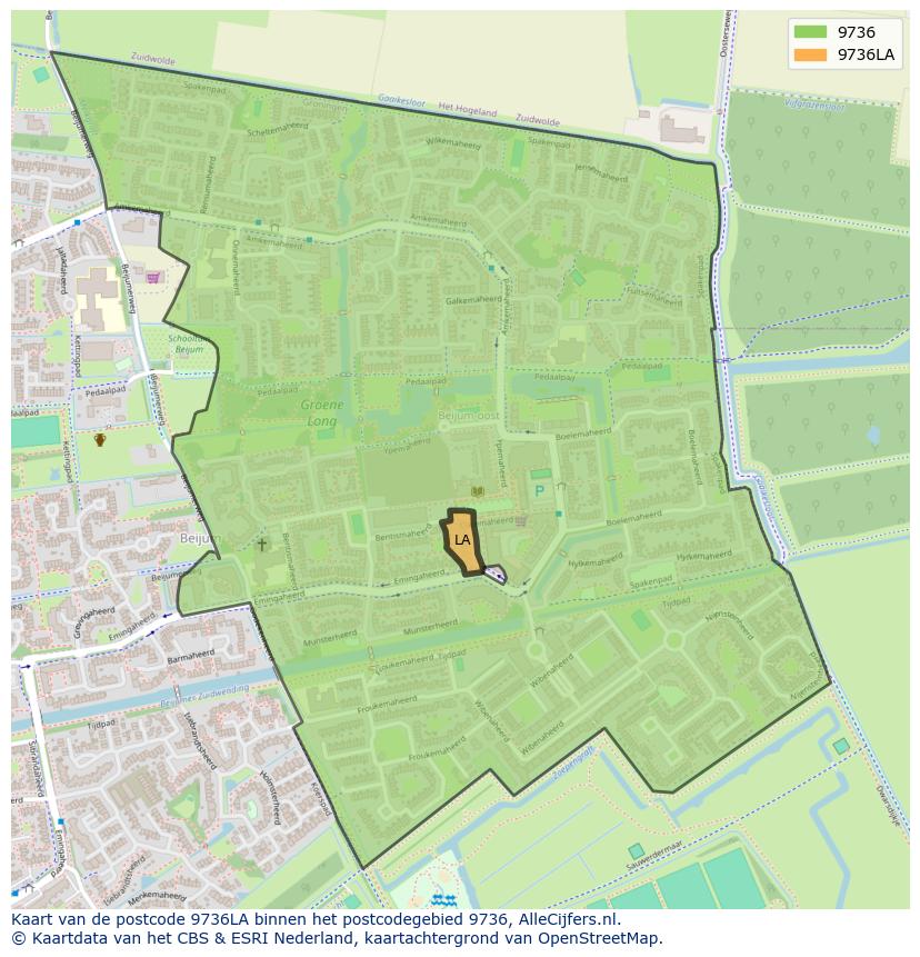 Afbeelding van het postcodegebied 9736 LA op de kaart.