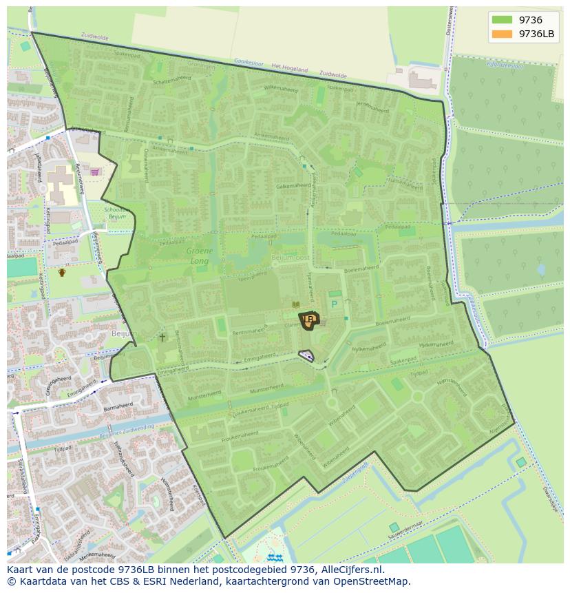 Afbeelding van het postcodegebied 9736 LB op de kaart.