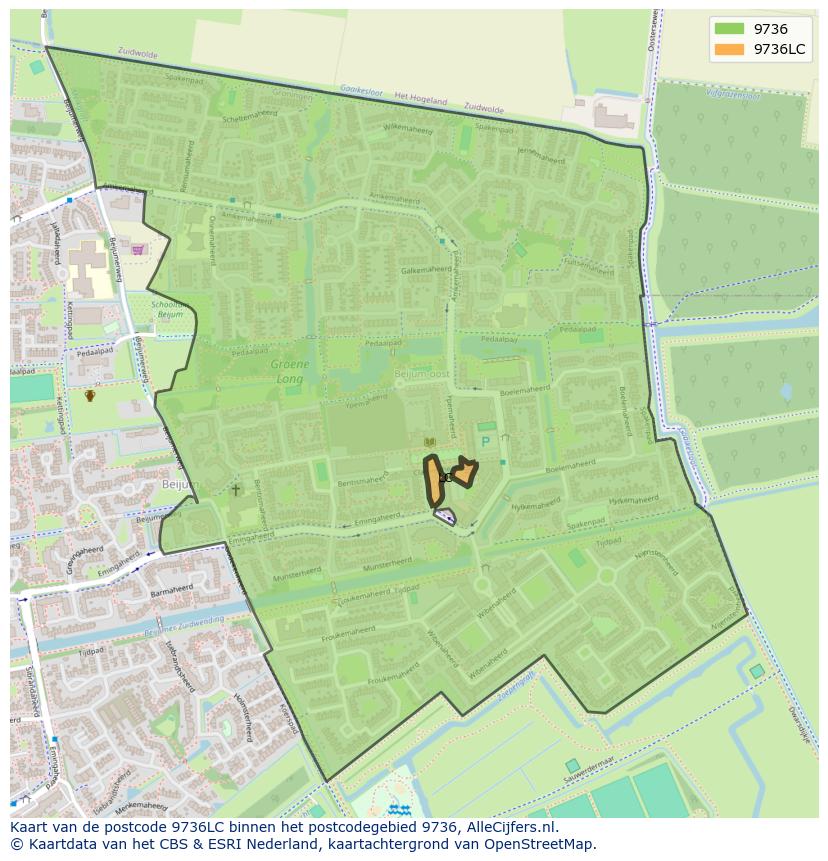 Afbeelding van het postcodegebied 9736 LC op de kaart.