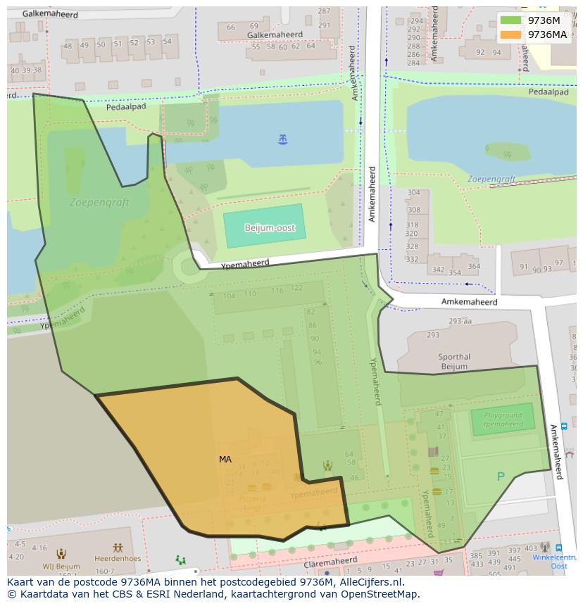 Afbeelding van het postcodegebied 9736 MA op de kaart.