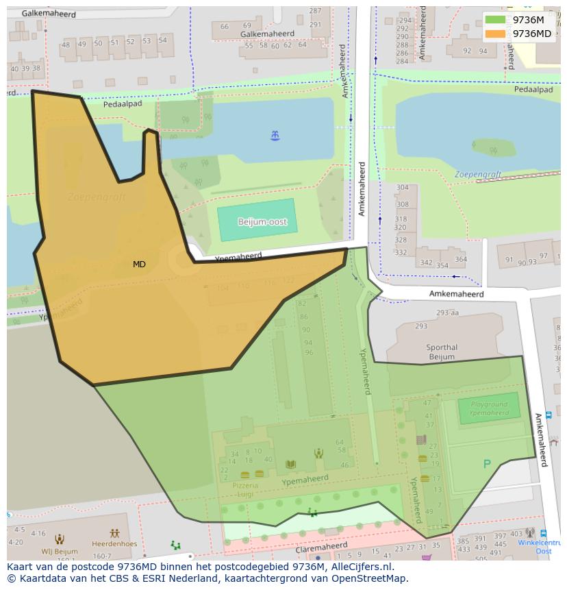Afbeelding van het postcodegebied 9736 MD op de kaart.