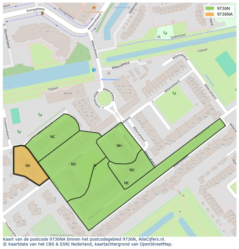 Afbeelding van het postcodegebied 9736 NA op de kaart.