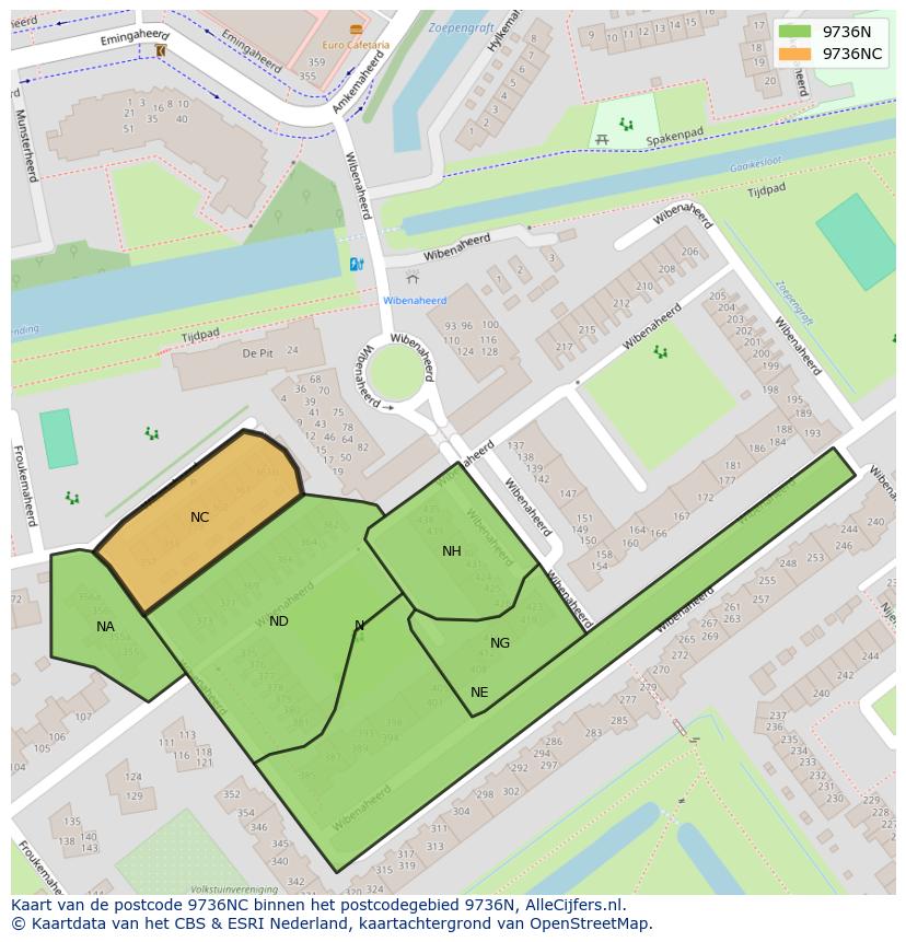 Afbeelding van het postcodegebied 9736 NC op de kaart.
