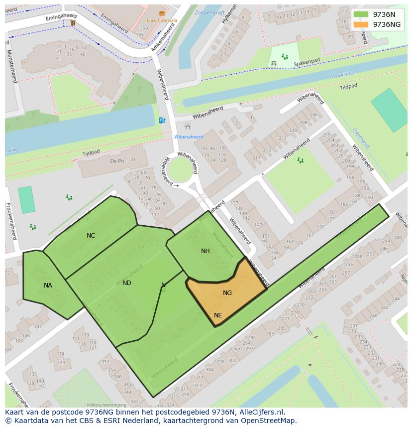 Afbeelding van het postcodegebied 9736 NG op de kaart.