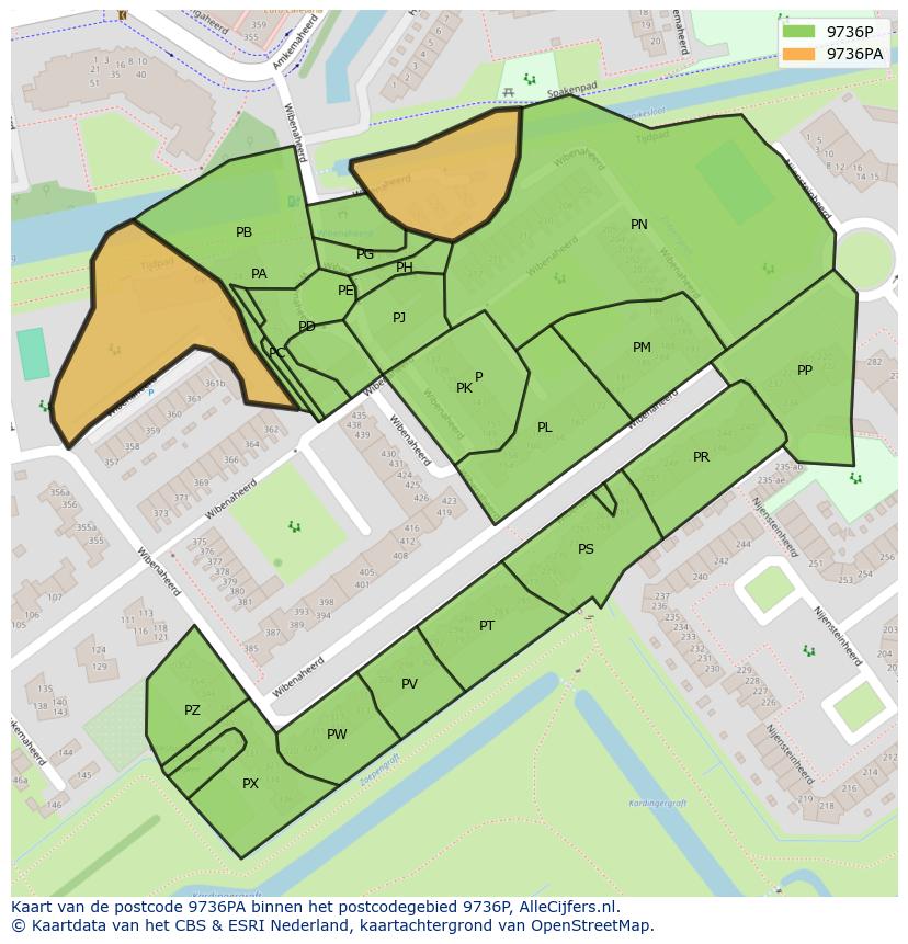 Afbeelding van het postcodegebied 9736 PA op de kaart.