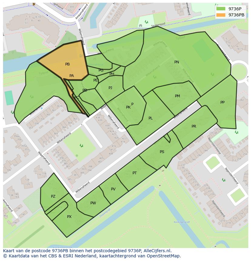 Afbeelding van het postcodegebied 9736 PB op de kaart.