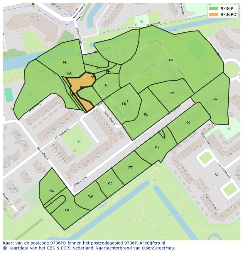 Afbeelding van het postcodegebied 9736 PD op de kaart.