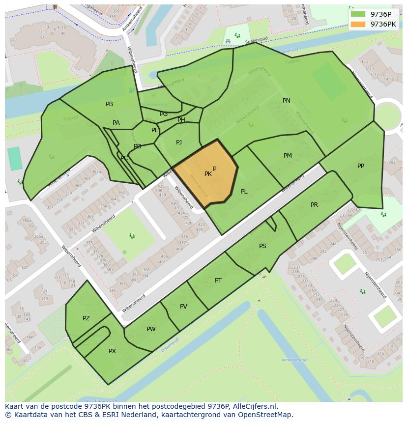 Afbeelding van het postcodegebied 9736 PK op de kaart.