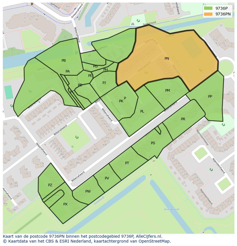 Afbeelding van het postcodegebied 9736 PN op de kaart.