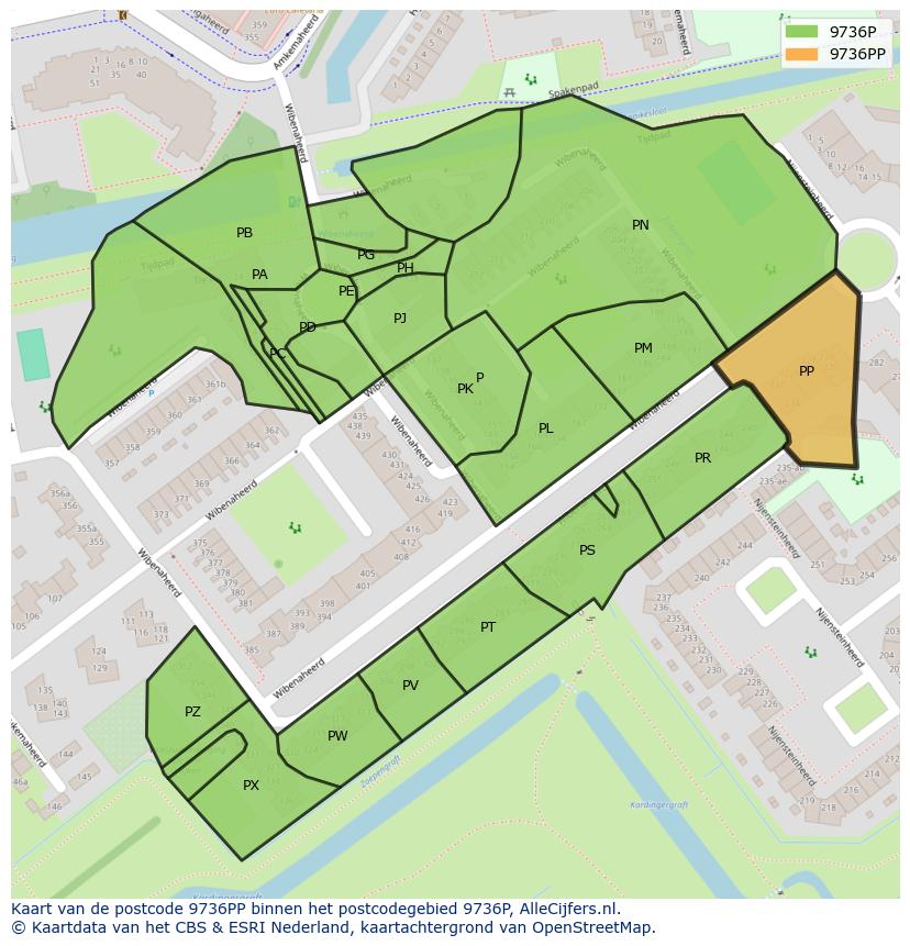 Afbeelding van het postcodegebied 9736 PP op de kaart.