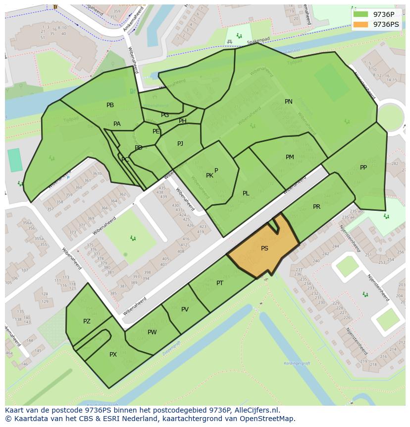 Afbeelding van het postcodegebied 9736 PS op de kaart.