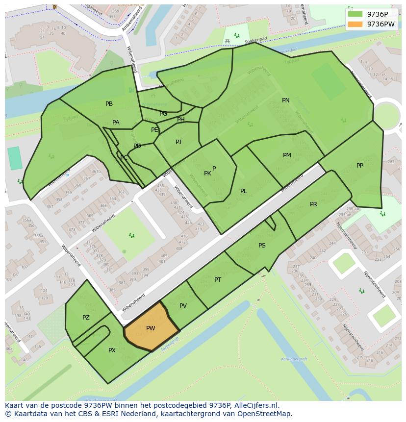 Afbeelding van het postcodegebied 9736 PW op de kaart.