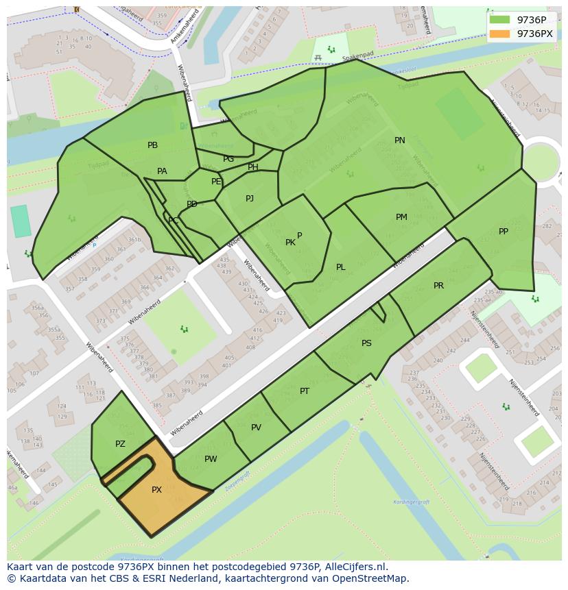 Afbeelding van het postcodegebied 9736 PX op de kaart.