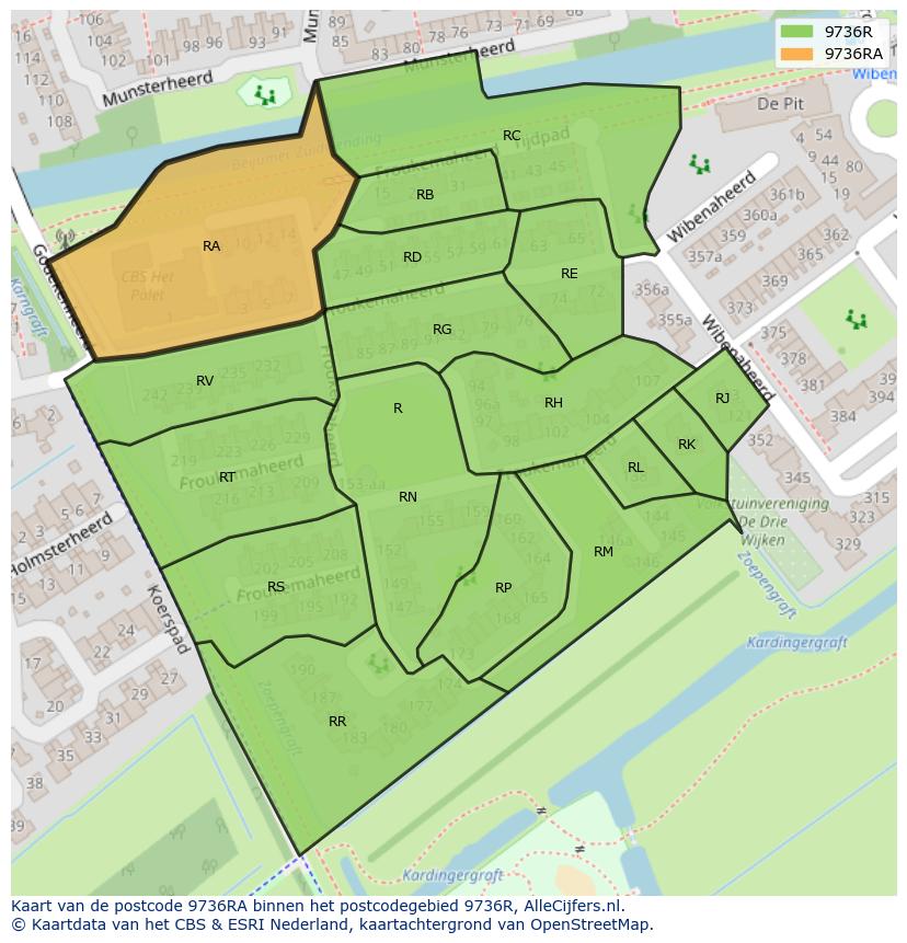 Afbeelding van het postcodegebied 9736 RA op de kaart.