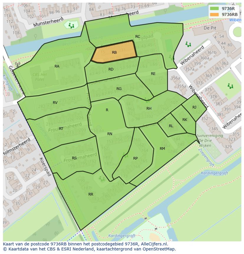 Afbeelding van het postcodegebied 9736 RB op de kaart.