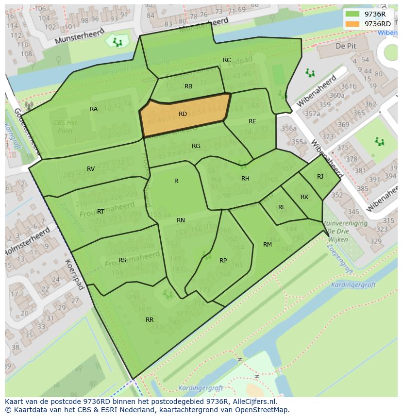 Afbeelding van het postcodegebied 9736 RD op de kaart.