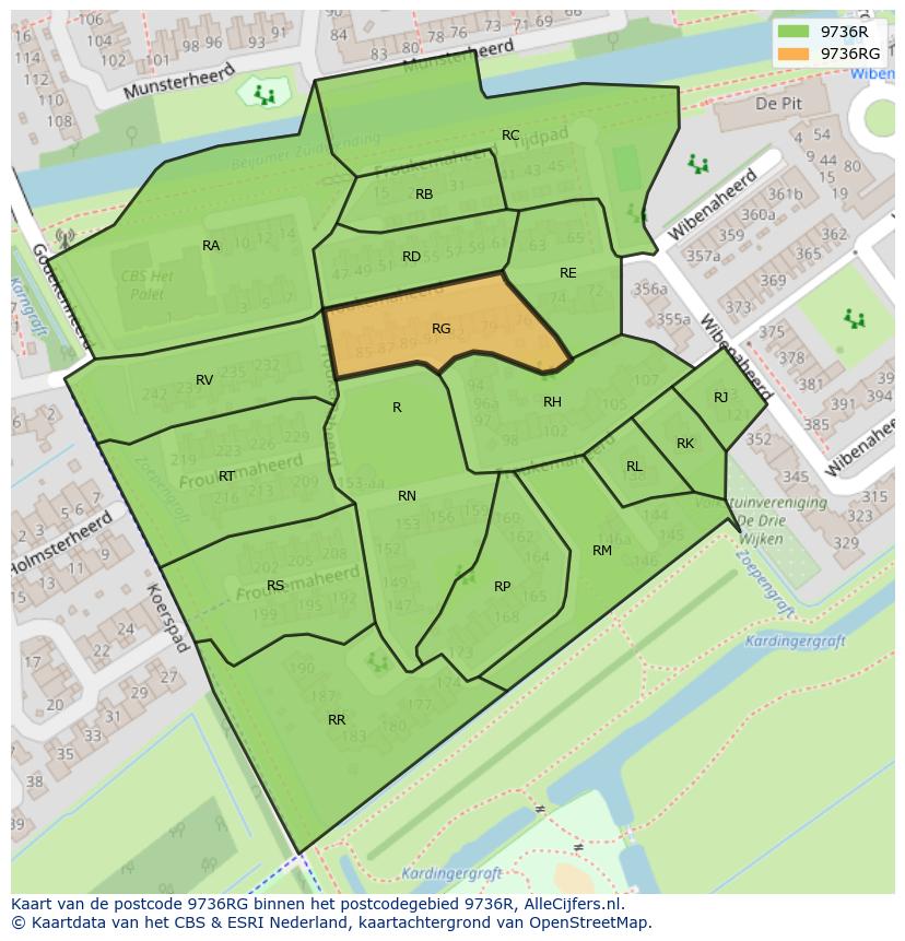 Afbeelding van het postcodegebied 9736 RG op de kaart.