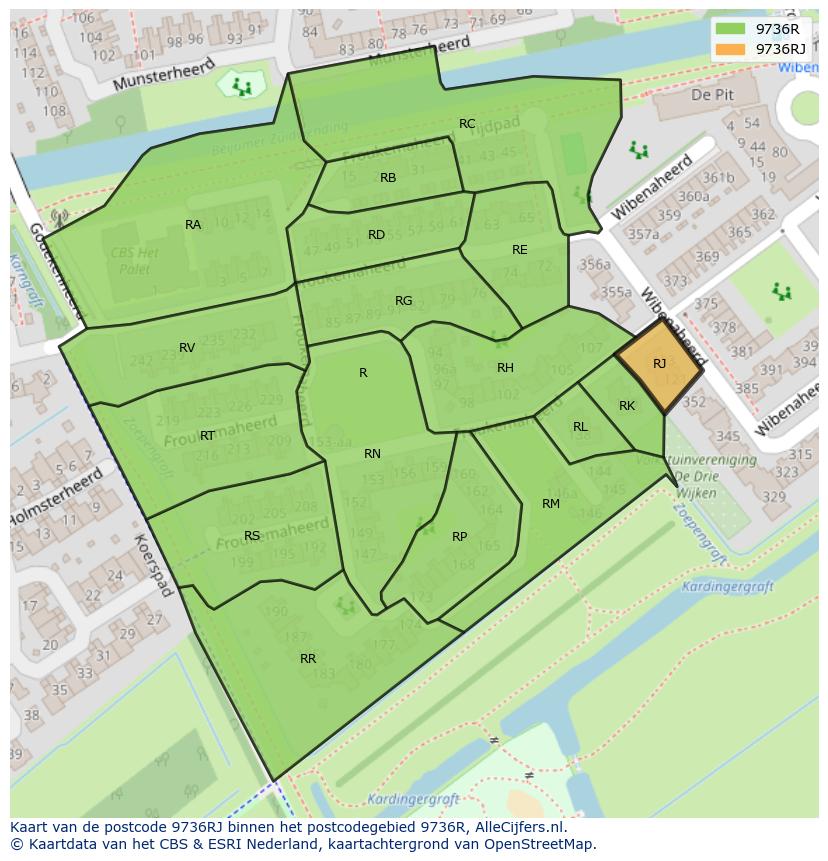 Afbeelding van het postcodegebied 9736 RJ op de kaart.