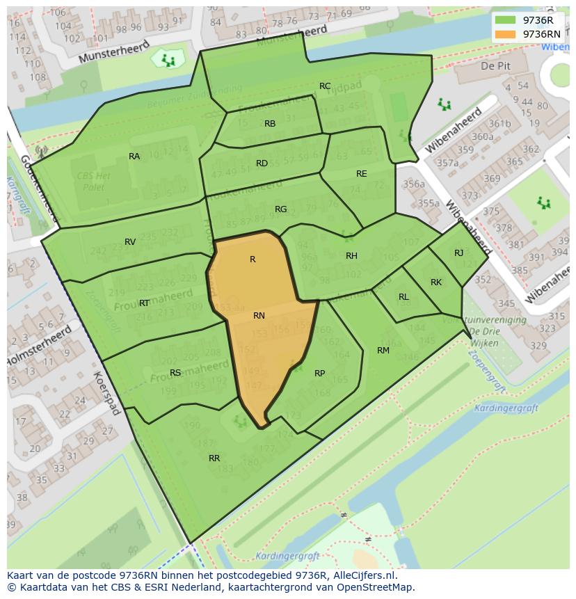 Afbeelding van het postcodegebied 9736 RN op de kaart.