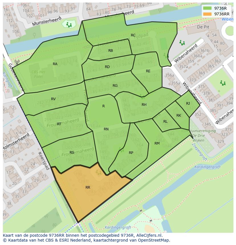 Afbeelding van het postcodegebied 9736 RR op de kaart.