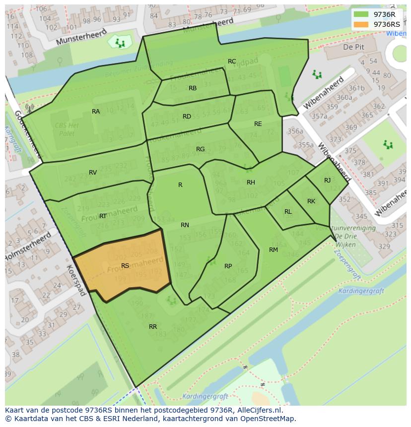 Afbeelding van het postcodegebied 9736 RS op de kaart.
