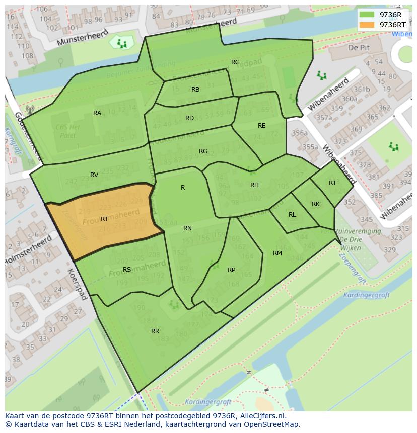 Afbeelding van het postcodegebied 9736 RT op de kaart.