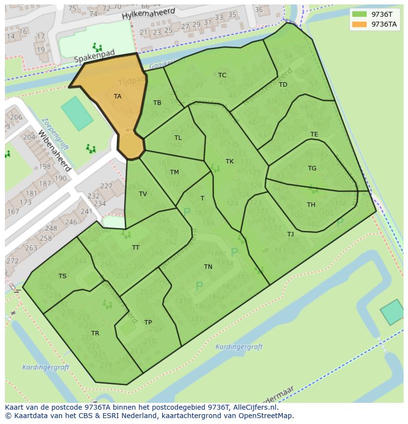 Afbeelding van het postcodegebied 9736 TA op de kaart.