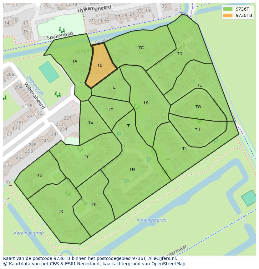 Afbeelding van het postcodegebied 9736 TB op de kaart.