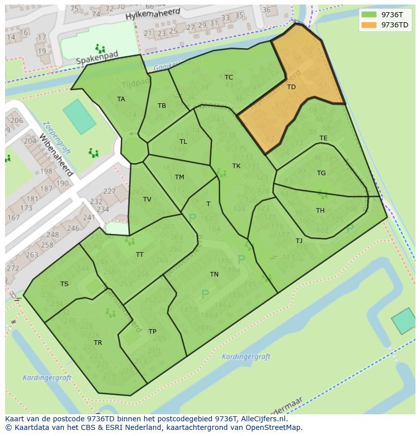 Afbeelding van het postcodegebied 9736 TD op de kaart.