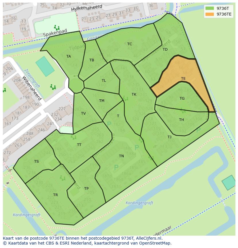 Afbeelding van het postcodegebied 9736 TE op de kaart.
