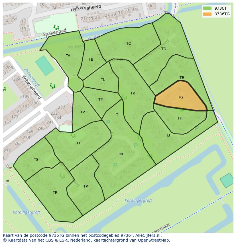 Afbeelding van het postcodegebied 9736 TG op de kaart.