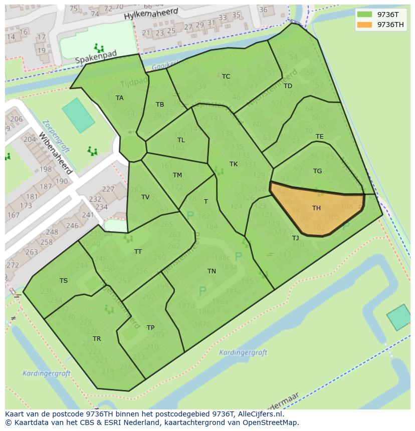 Afbeelding van het postcodegebied 9736 TH op de kaart.