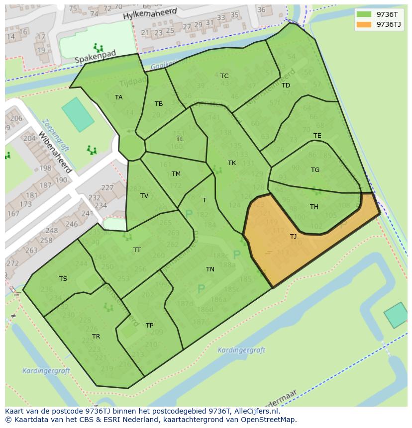 Afbeelding van het postcodegebied 9736 TJ op de kaart.