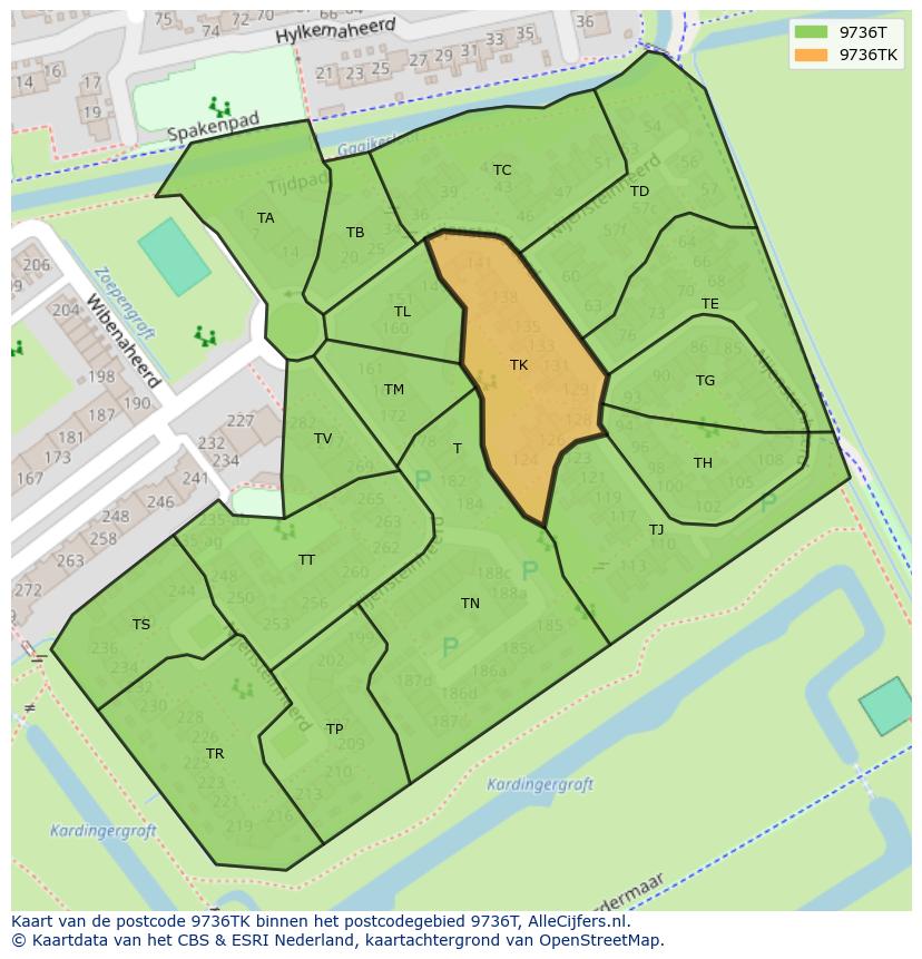 Afbeelding van het postcodegebied 9736 TK op de kaart.