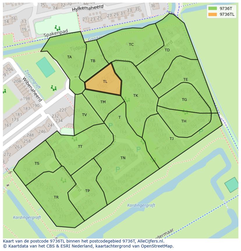 Afbeelding van het postcodegebied 9736 TL op de kaart.