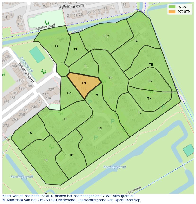 Afbeelding van het postcodegebied 9736 TM op de kaart.