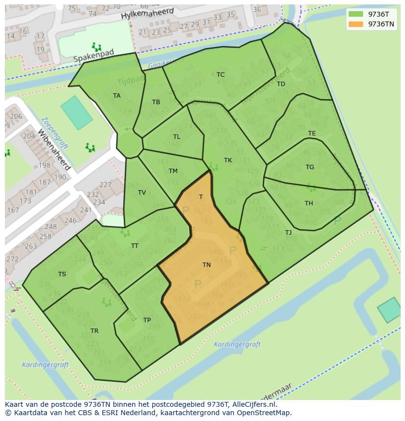 Afbeelding van het postcodegebied 9736 TN op de kaart.