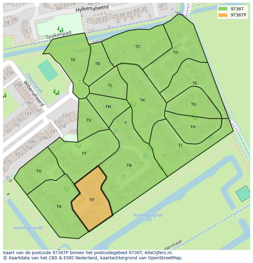 Afbeelding van het postcodegebied 9736 TP op de kaart.
