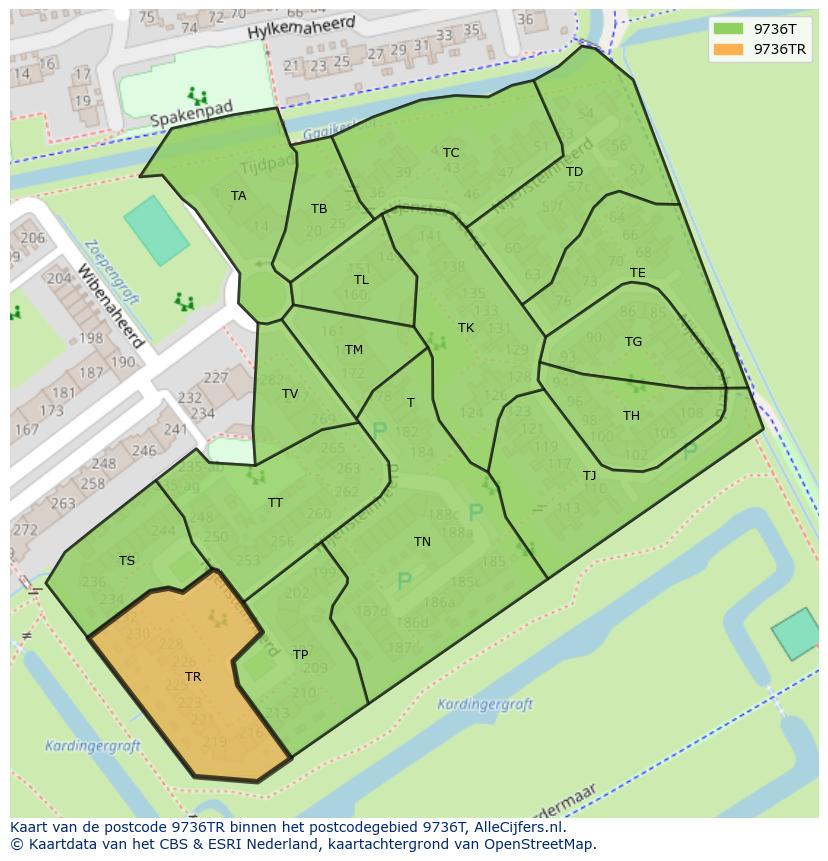 Afbeelding van het postcodegebied 9736 TR op de kaart.
