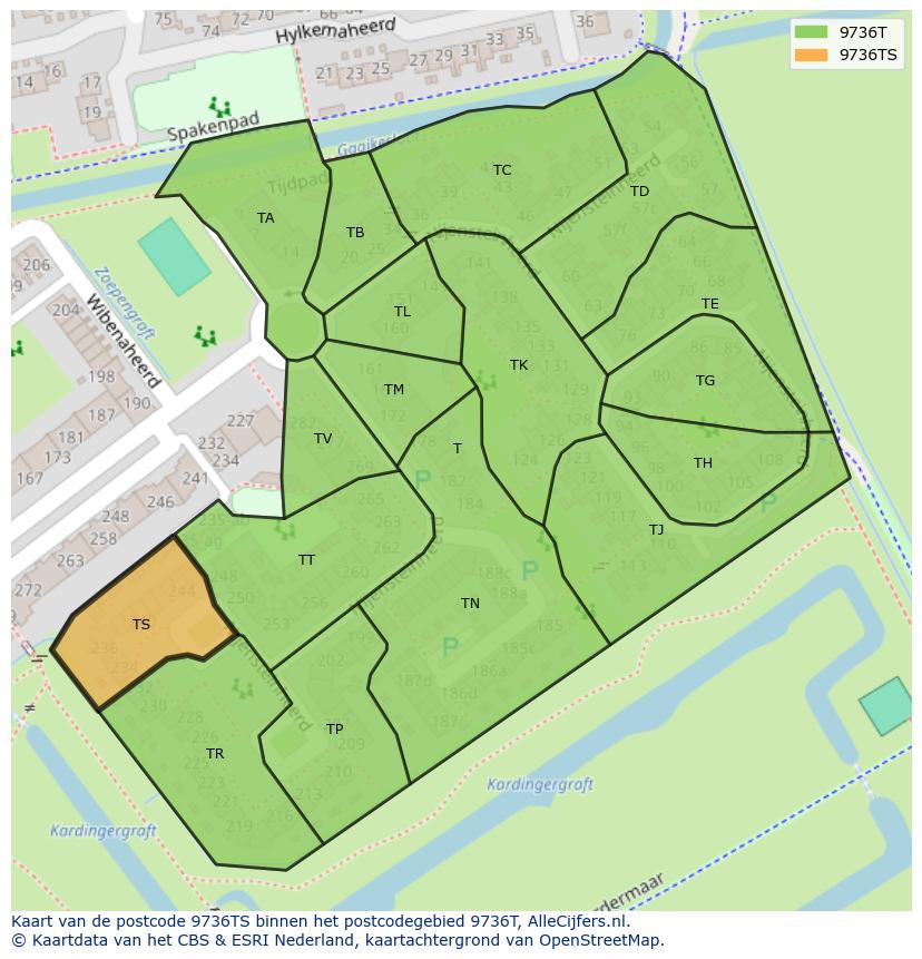 Afbeelding van het postcodegebied 9736 TS op de kaart.