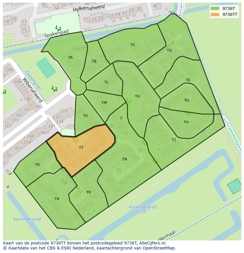 Afbeelding van het postcodegebied 9736 TT op de kaart.
