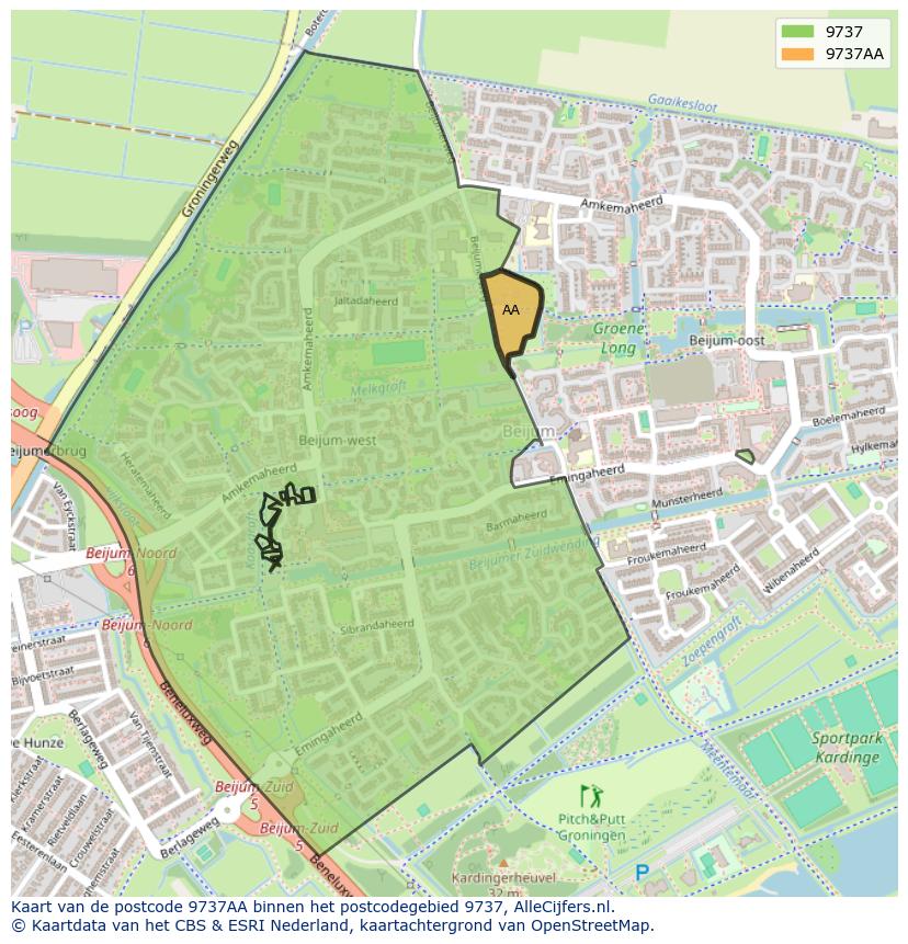 Afbeelding van het postcodegebied 9737 AA op de kaart.